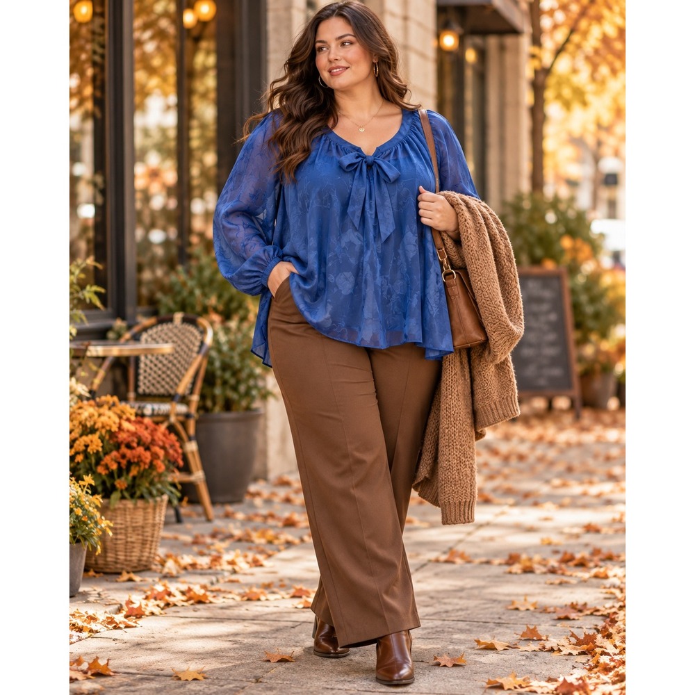 Torrid Size 3 Blue Floral Chiffon Tie Neck Balloon Sleeve Plus Size Blouse
